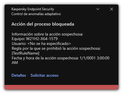 Notificación sobre la activación de una regla. El usuario puede crear una solicitud para permitir una acción de proceso.