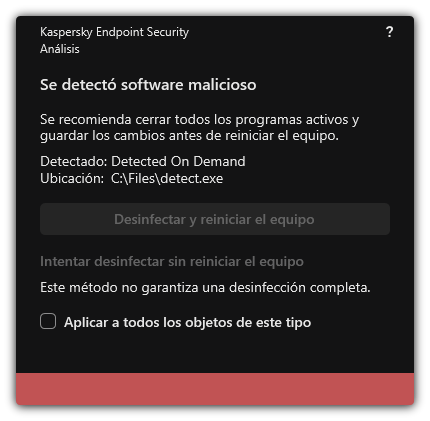 Notificación de detección de malware. El usuario puede reiniciar o no el equipo para realizar la desinfección.