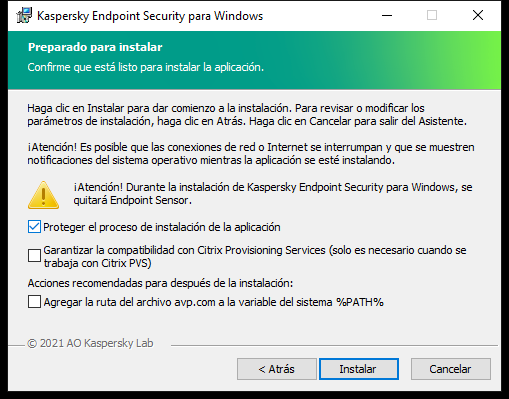 Ventana de Configuración de instalación: protección de la instalación, compatibilidad con Citrix PVS, variable del sistema para avp.com.