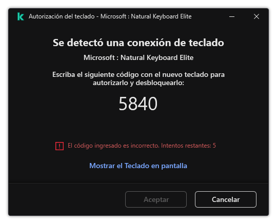 La ventana con el código de autorización del teclado. El usuario puede activar el teclado en pantalla e ingresar el código.