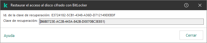 Una ventana con la clave para restaurar el acceso a la unidad cifrada que no es del sistema.