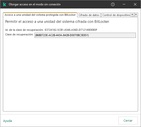 Una ventana con la clave para restaurar el acceso a la unidad del sistema cifrada.