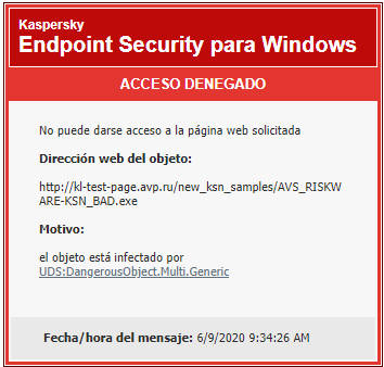 Notificación de Kaspersky sobre cómo evitar que se carguen objetos maliciosos en la ventana del navegador.