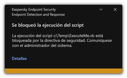 Notificación sobre ejecución de script bloqueada. El usuario puede ver información detallada sobre la regla.