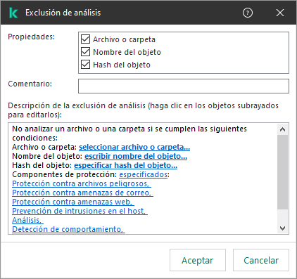 Una ventana con herramientas de selección de exclusión. El usuario puede seleccionar un archivo o una carpeta, ingresar un nombre de objeto o un hash.