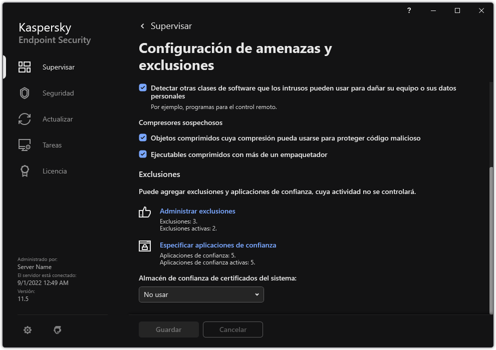 Ventana Configuración de exclusiones. El usuario puede agregar exclusiones y aplicaciones de confianza.