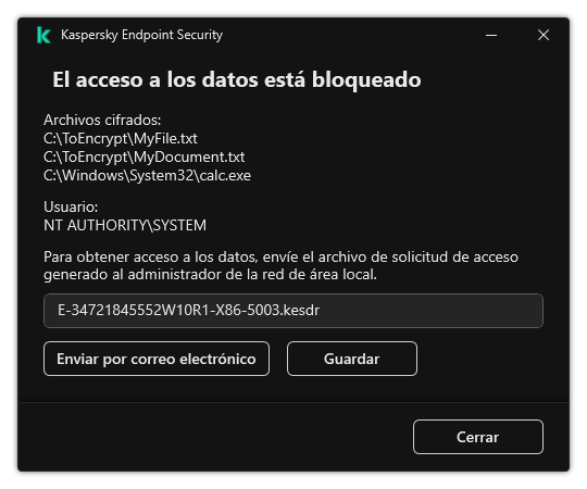 Una ventana con un archivo de solicitud para acceder a datos cifrados. El usuario puede guardar el archivo generado en el disco o enviarlo por correo electrónico.