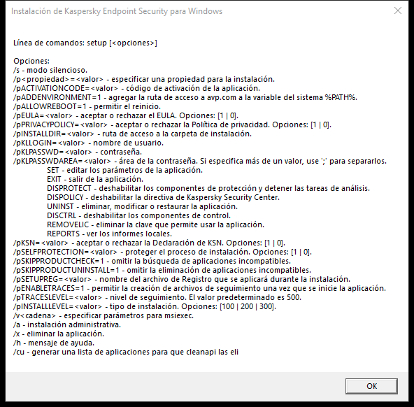 Ventana de información sobre herramientas en la que se describen las opciones de comando para instalar la aplicación a través de CMD.