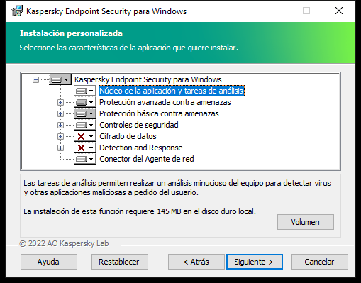 Ventana del instalador que contiene una lista de componentes que un usuario puede seleccionar.