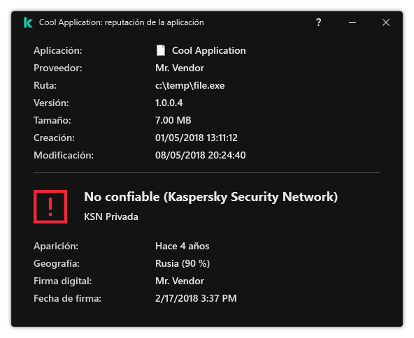 La ventana contiene información sobre la reputación del archivo y otros datos, como la presencia de una firma digital.
