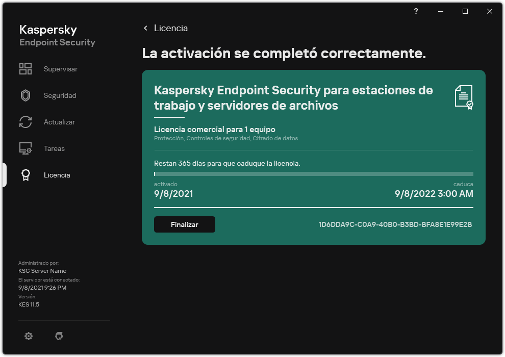 La ventana contiene información sobre la licencia: fecha de caducidad, funciones disponibles y otra información.