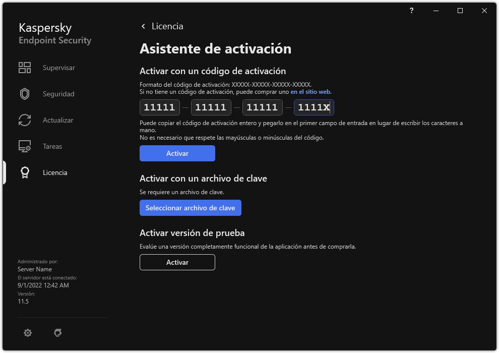 Ventana con las herramientas de activación de la aplicación. El usuario puede ingresar un código de activación o seleccionar un archivo de clave.