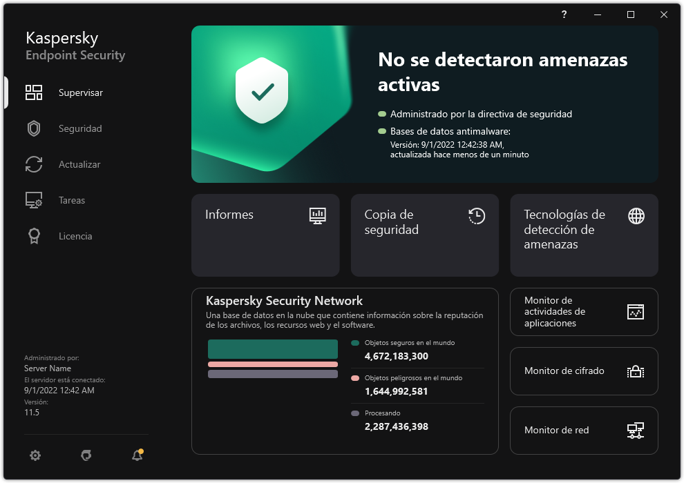 La ventana principal de la aplicación contiene secciones para la supervisión de la seguridad informática y el control de aplicaciones.