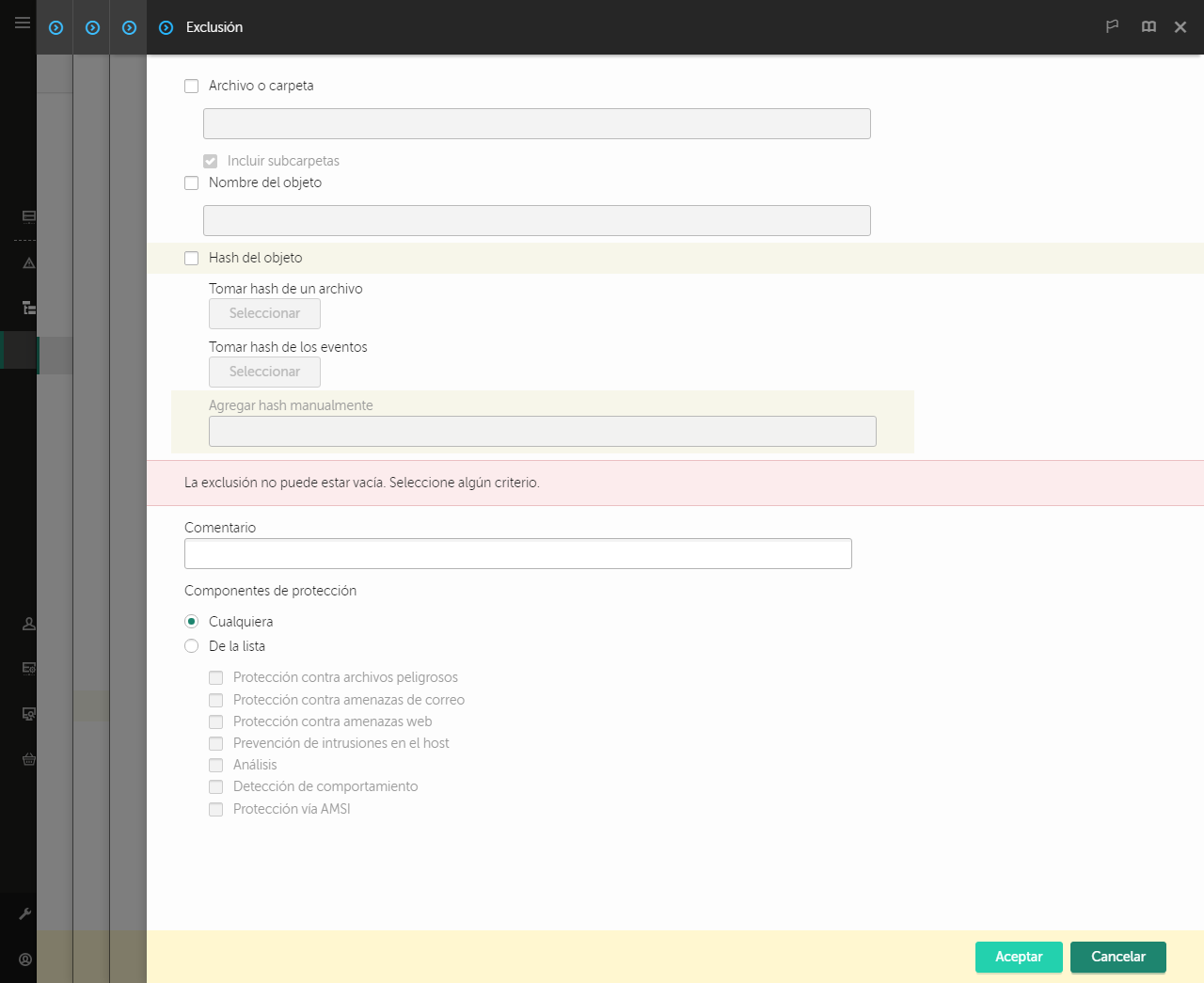 Una ventana con herramientas de selección de exclusión. El usuario puede seleccionar un archivo o una carpeta, ingresar un nombre de objeto o un hash.