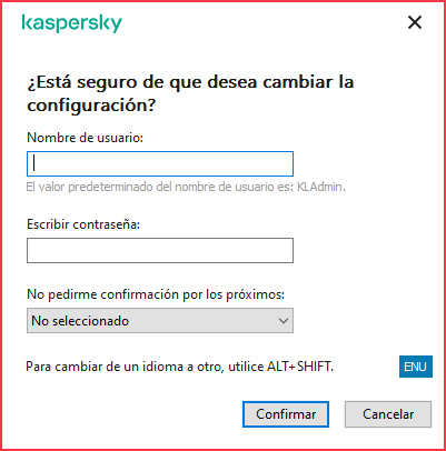 La ventana contiene campos para ingresar el nombre de usuario y la contraseña. El usuario puede seleccionar un periodo durante el cual la aplicación no solicita la contraseña.