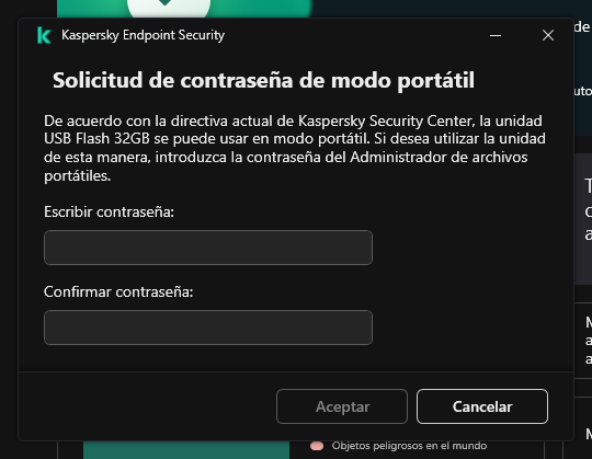 La ventana contiene campos para ingresar y confirmar la contraseña.