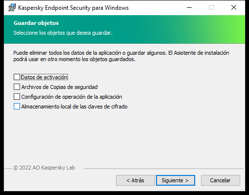 Ventana del instalador con una lista de objetos que se pueden guardar después de eliminar la aplicación.