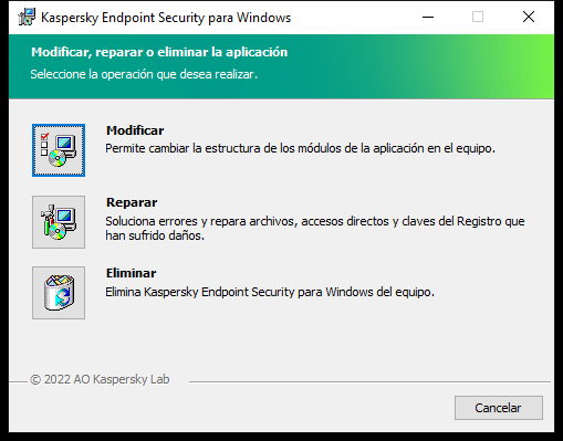 Ventana del instalador con una lista de operaciones disponibles: cambiar el conjunto de componentes, reparar la aplicación, eliminar la aplicación.