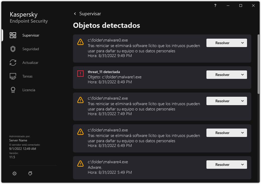 Una ventana con la lista de objetos detectados. Se muestra información sobre el objeto. El usuario puede resolver o quitar el objeto.