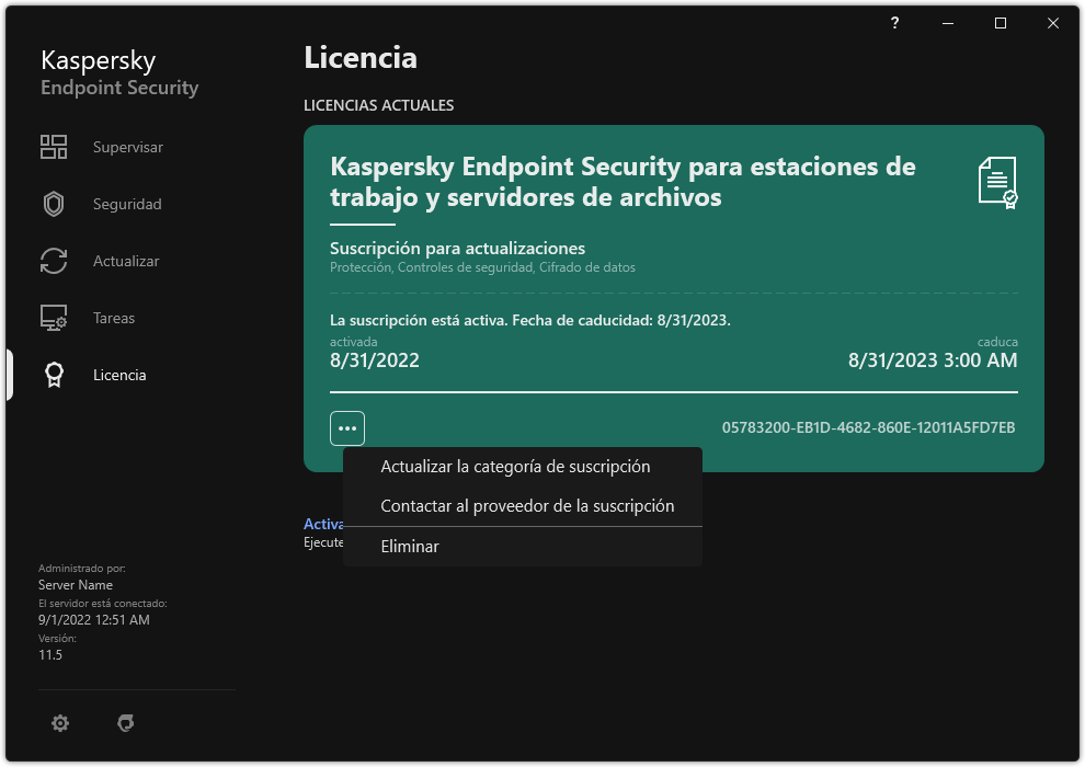 La ventana con información sobre la licencia. El usuario puede actualizar el estado de suscripción, comunicarse con el proveedor de suscripción o quitar la licencia.