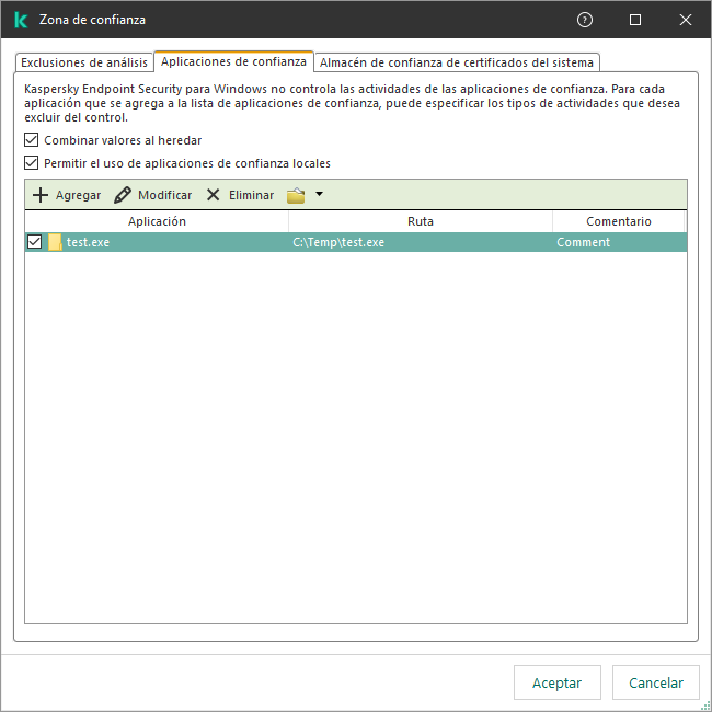 Una ventana con la lista de aplicaciones de confianza. El usuario puede agregar, editar o quitar una aplicación de confianza.