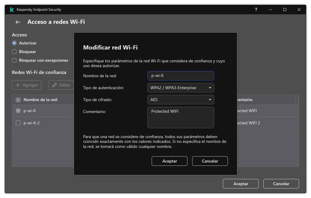 La ventana contiene la configuración de la red Wi-Fi de confianza.