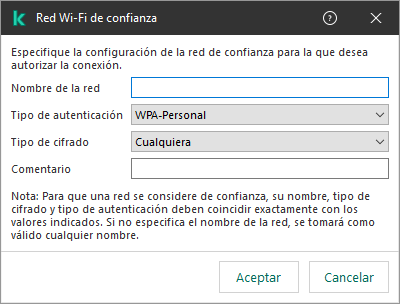 La ventana contiene la configuración de la red Wi-Fi de confianza.