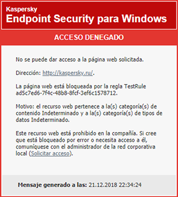 Notificación de Kaspersky sobre el bloqueo del acceso a la página web en la ventana del navegador. El usuario puede crear una solicitud para acceder al recurso web.