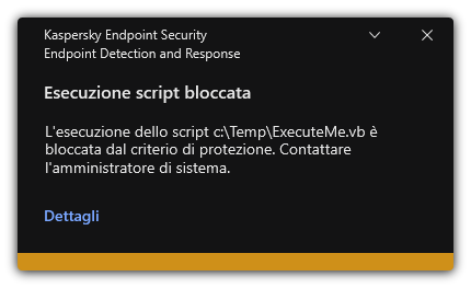 Notifica sull'esecuzione di script bloccati. L'utente può visualizzare informazioni dettagliate sulla regola.