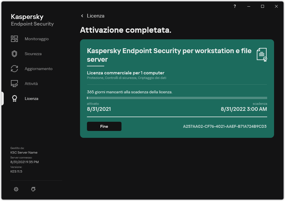 La finestra contiene informazioni sulla licenza: data di scadenza, funzioni disponibili e altre informazioni.