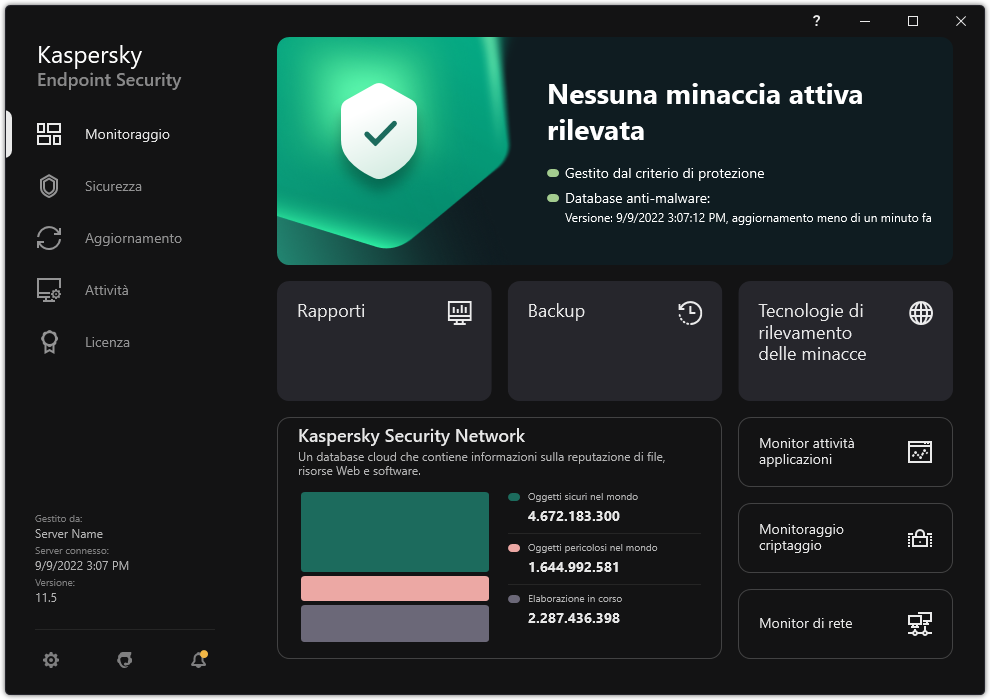 La finestra principale dell'applicazione contiene sezioni per il monitoraggio della sicurezza del computer e il controllo delle applicazioni.