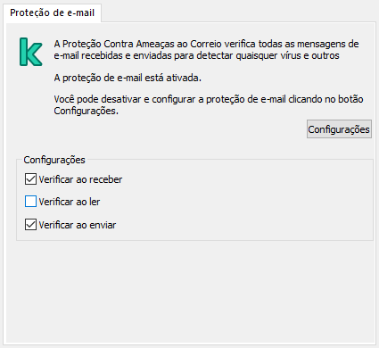 Extensão da Kaspersky para a janela do Outlook. O usuário pode configurar a verificação de mensagens quando recebidas, lidas ou enviadas.
