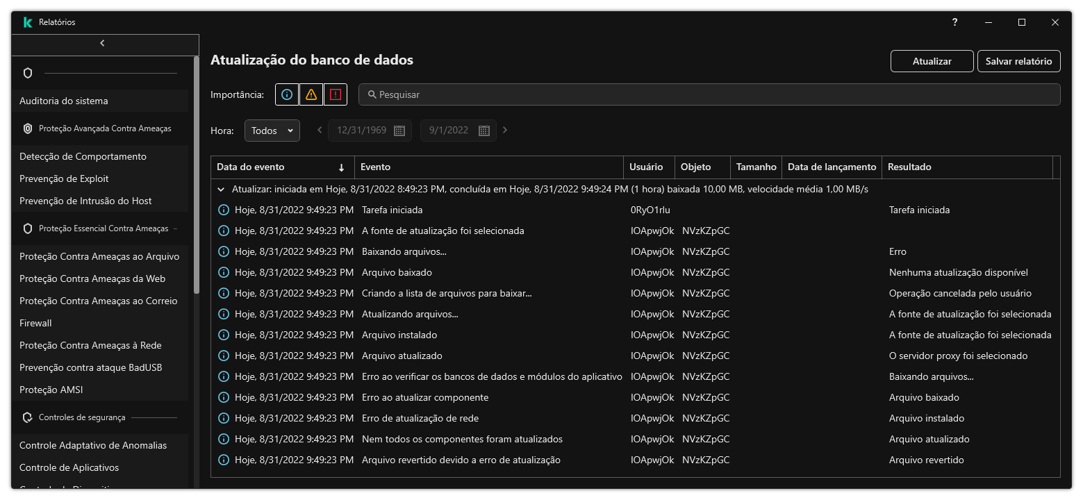 Uma janela com a lista de eventos no relatório. O usuário pode filtrar/classificar os eventos e salvar os relatórios em um arquivo.