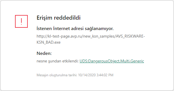 Kötü amaçlı nesnenin tarayıcı penceresine yüklenmesini önleme hakkında Kaspersky bildirimi.