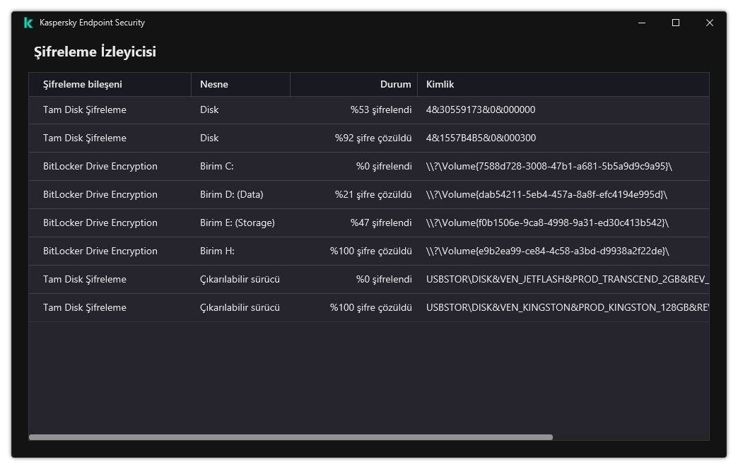 Şifrelemenin çalıştığı sürücülerin listesini içeren bir pencere. Şifreleme teknolojisi, durum ve sürücü kimliği görüntülenir.