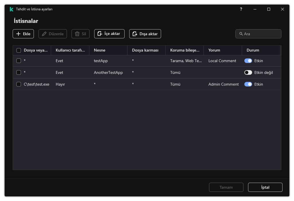 İstisnaların listesini içeren bir pencere. İstisna özellikleri görüntülenir. Kullanıcı istisnalar ekleyebilir, düzenleyebilir veya silebilir.