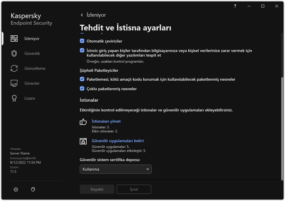 İstisna ayarları penceresi. Kullanıcı, istisnalar ve güvenilir uygulamalar ekleyebilir.