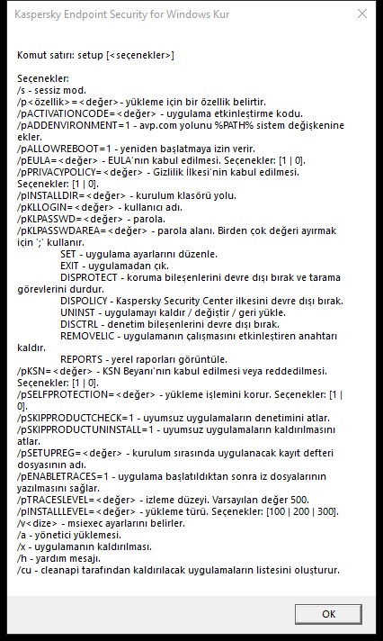 Uygulamayı CMD aracılığıyla yüklemek için komut seçeneklerini açıklayan araç ipucu penceresi.