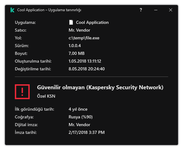 Pencere, dosya tanınırlığı ve dijital imzanın varlığı gibi diğer veriler hakkında bilgiler içerir.