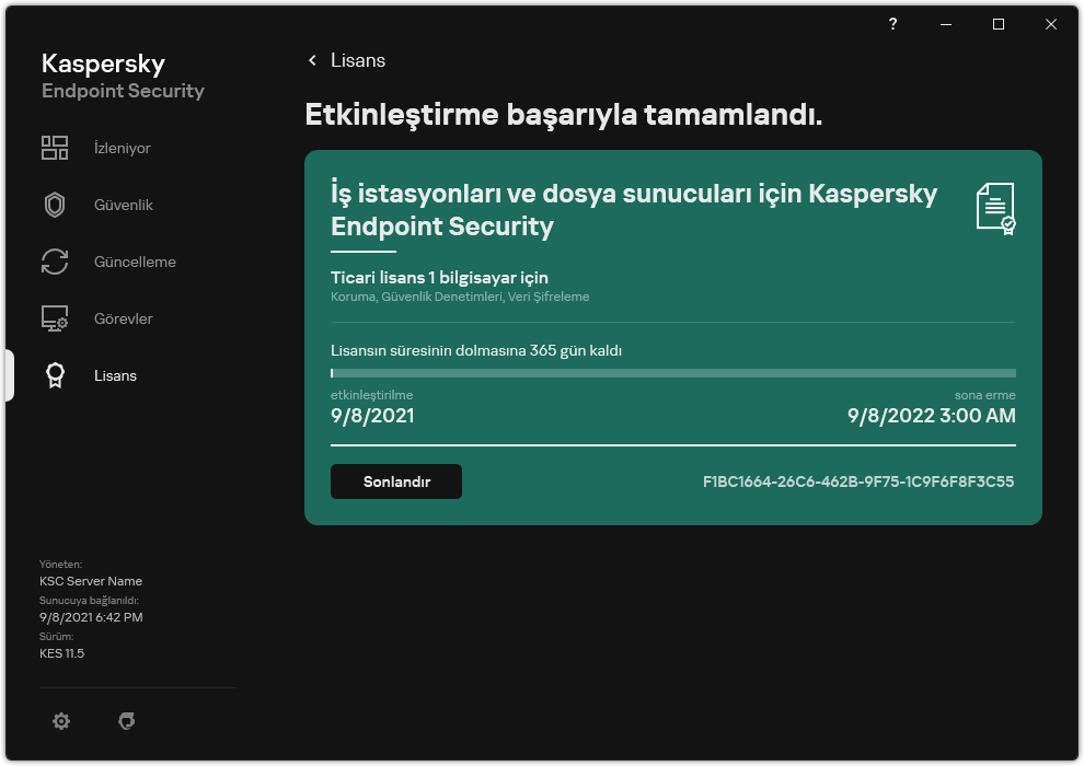 Pencere lisansla ilgili bilgileri içerir: sona erme tarihi, kullanılabilir işlevler ve diğer bilgiler.