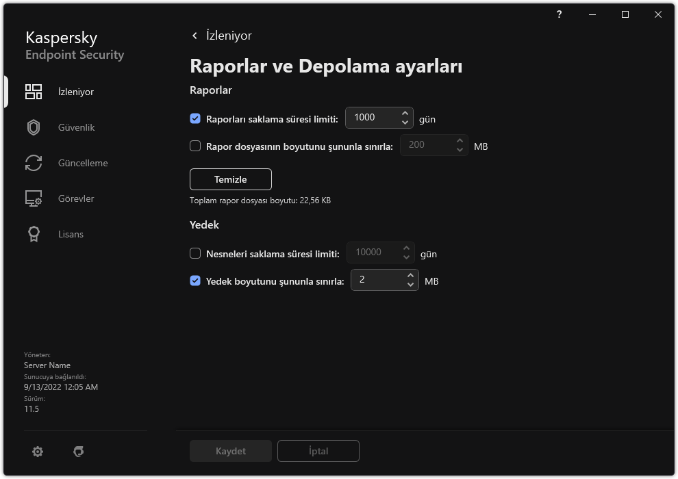 Raporlar ve Depolama ayarları penceresi. Kullanıcı, depodaki raporların ve nesnelerin boyutunu ayarlayabilir ve saklama süresini sınırlayabilir.