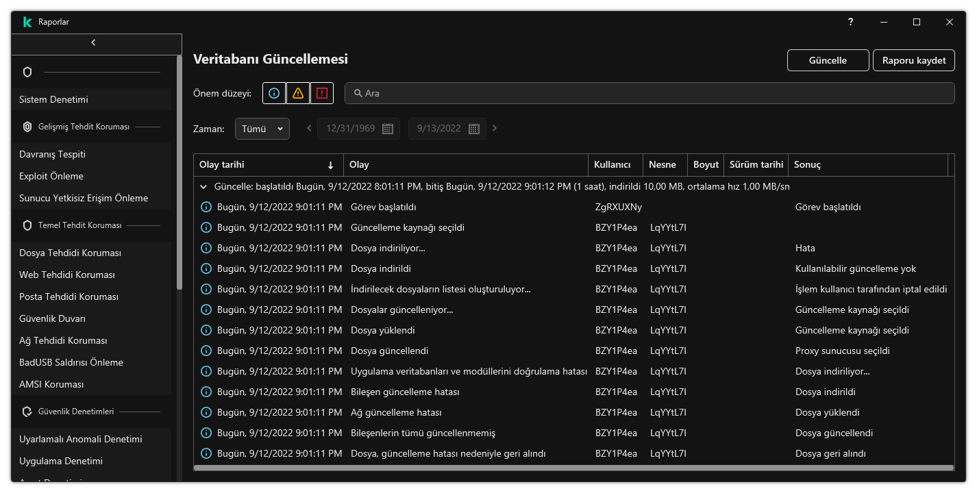 Rapordaki olayların listesini içeren bir pencere. Kullanıcı olayları filtreleyebilir/sıralayabilir ve raporları bir dosyaya kaydedebilir.