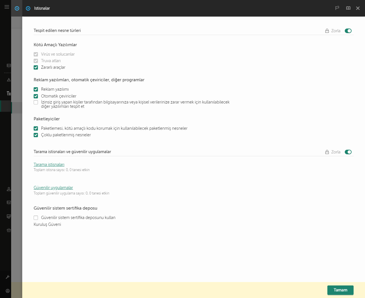 İstisna ayarları penceresi. Kullanıcı, istisnalar ve güvenilir uygulamalar ekleyebilir.