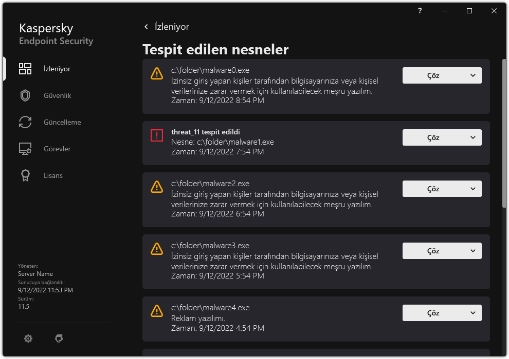 Algılanan nesnelerin listesini içeren bir pencere. Nesne hakkında bilgiler görüntülenir. Kullanıcı nesneyi çözümleyebilir veya kaldırabilir.