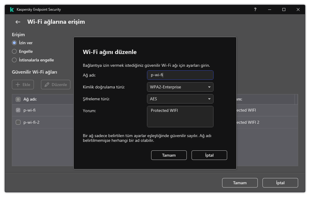 Pencere, güvenilir Wi-Fi ağının ayarlarını içerir.