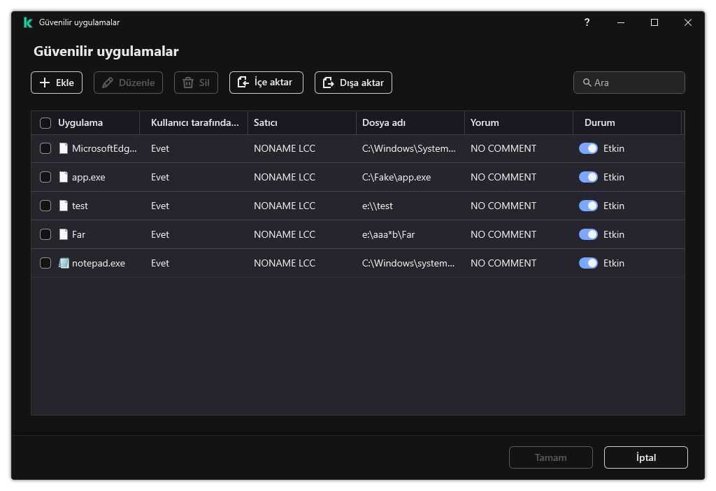Güvenilir uygulamaların listesini içeren bir pencere. Kullanıcı, güvenilir bir uygulamayı ekleyebilir, düzenleyebilir veya kaldırabilir.