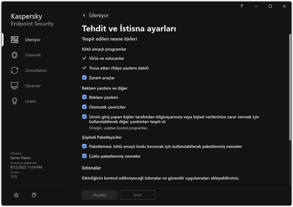 İstisna ayarları penceresi. Kullanıcı, algılanan nesne türlerini seçebilir ve nesneleri istisnalara ekleyebilir.