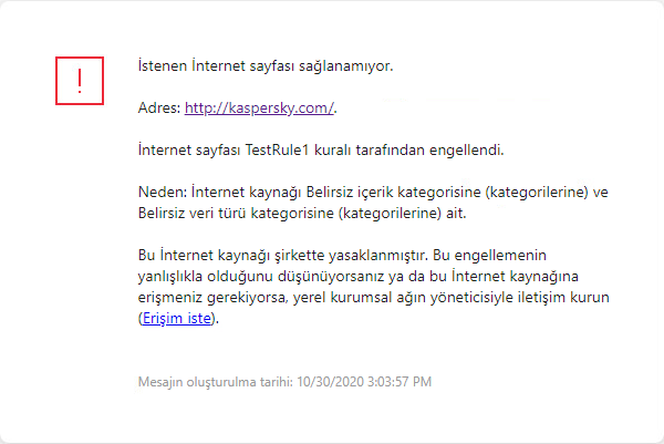 Tarayıcı penceresinde web sayfasına erişimin engellenmesi hakkında Kaspersky bildirimi. Kullanıcı, web kaynağına erişmek için bir istek oluşturabilir.