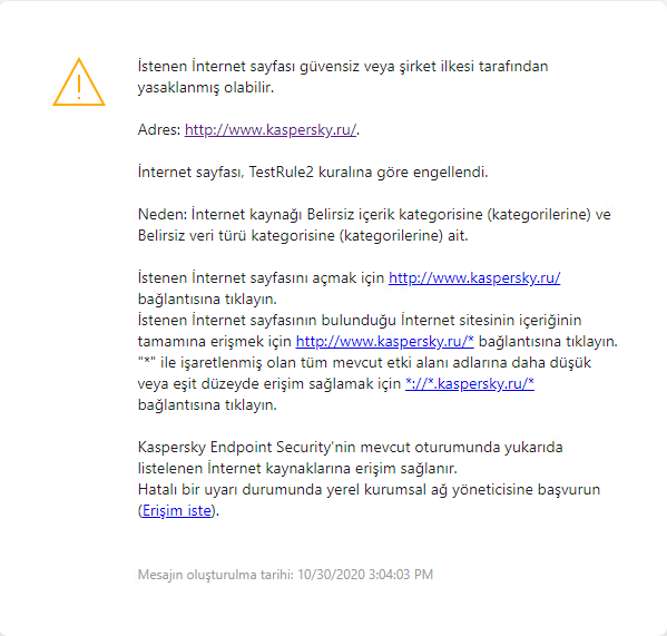 Tarayıcı penceresinde muhtemelen güvenli olmayan bir web sayfasının ziyaret edilmesiyle ilgili Kaspersky bildirimi. Kullanıcı, web kaynağına erişmek için bir istek oluşturabilir.