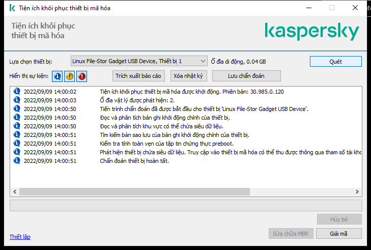 Một cửa sổ chứa danh sách các sự kiện tiện ích. Người dùng có thể chạy chẩn đoán và giải mã thiết bị đã chọn.